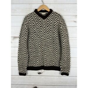 Roberta Lehmann Sweater Mens Large Brown Cream Chevron Zigzag Knit Crewneck